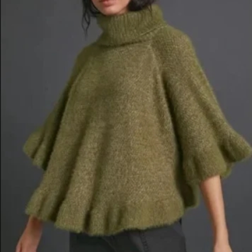 Anthropologie Womens Green Ruffle Cape Turtleneck Poncho Sweater One Size Green